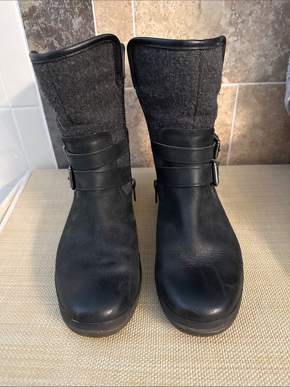 UGG Women's Black Mid-Calf Buckle Heeled Boots